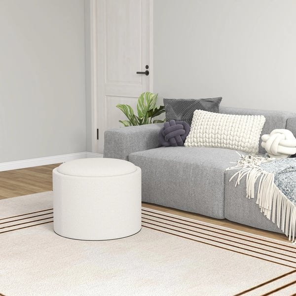 Rund Puf med Opbevaring og Vippelåg i Linnedlook, Creme (Polyester), Ø56 x 42 cm