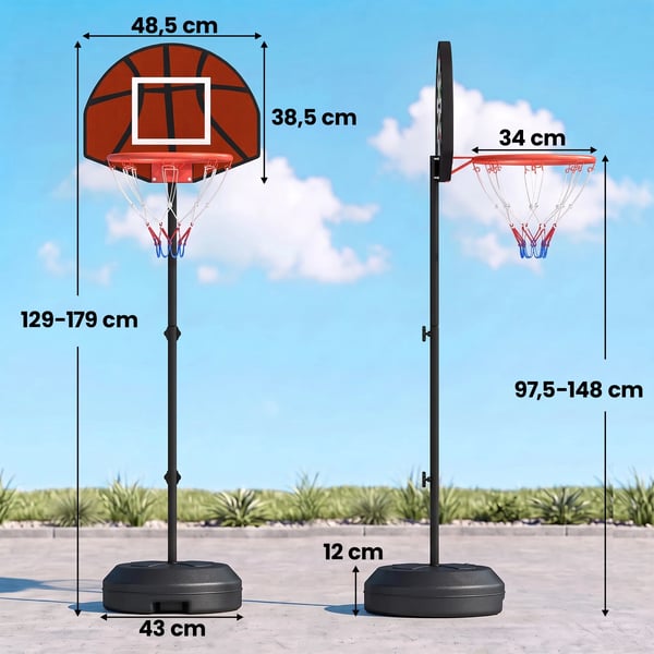 Basketballkurv-stativ med dartskive, justerbar hjde 129-179 cm, stl og PE, sort og brun