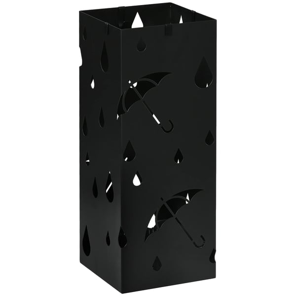 Paraplyholder til Entré - Sort Galvaniseret Stål, 15,5x15,5x40 cm - Med Drypbakke og 4 Kroge