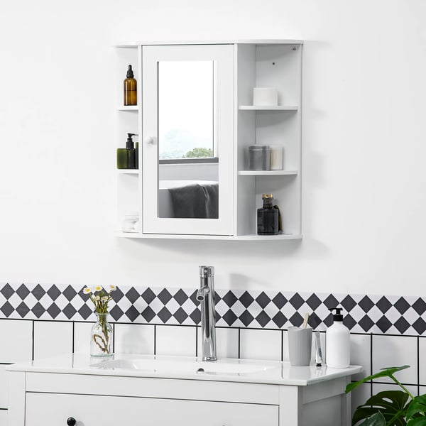 Badeværelsesspejlskab med 8 hylder, vægmonteret, hvidt MDF/glas, 66x17x63cm
