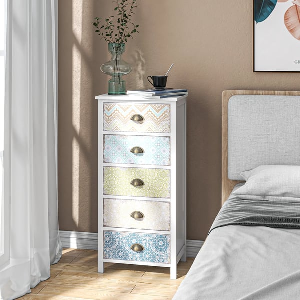 Byrå med 5 lådor, förvaringsskåp i Shabby Chic-stil, flerfärgad, trä, med tippskydd för vardagsrum och sovrum