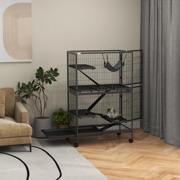 Bur til Gnavere Multifunktionel med 4 Platforme, 3 Ramper, 4 Døre. Mål 80L x 52B x 128H cm. Stål. Grå, Sølv, Sort