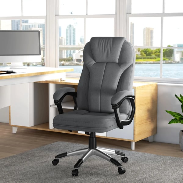 toimistotuoli Ergonominen tietokonetuoli keinutoiminnolla, korkeussäädettävä, niskatuki, käsinojat, harmaa, pellavapintainen, 66x75x110-120cm
