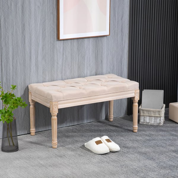 Vintage polsterbank, beige, polyester, gummiträ, 80x40x43cm, max 120kg
