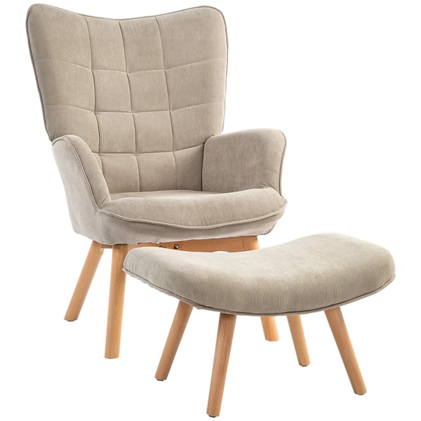 Lounge stol med puf, polstret lænestol i brun kordfløjl-look med bøgetræsben, 72x80x101 cm
