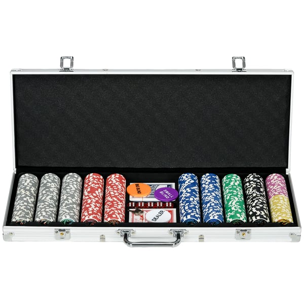 Pokerkoffert Set 500 Marker 11,5g Proffs Pokerset Lås 2 Kortlekar 5 Tärningar Dealer Blind Buttons Silver