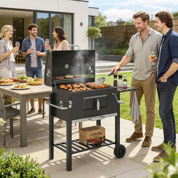 grillvagn kolgrill BBQ grill, rostfritt stål, svart, 113x65x108cm