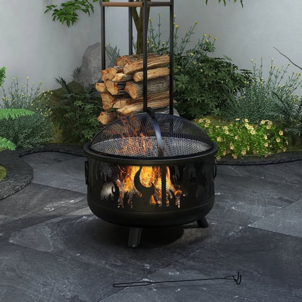 2-in-1 eldfat/grillkorg med gnistskydd & grillgaller, för trädgårdsgrillning, metall, svart, Ø61x55cm
