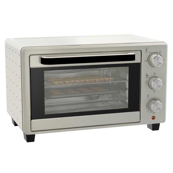 Minibageovn 21L, Cremefarvet Hvid/Rustfrit Stål, Miniovn med Bagplade, Grillrist og Krummebakke, 1400W, Bordovn, 100-230°C