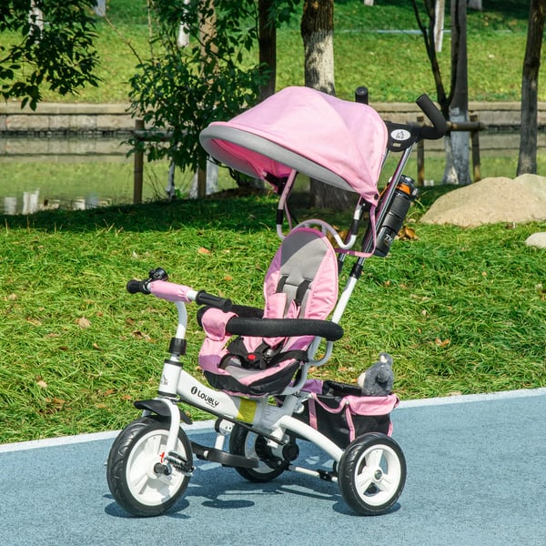 Lasten Kolmipyörä, Pinkki, Metallirunko, Irrotettava Katoksella, Turvavaljailla, Korilla, Mukitelineellä, 1-5v