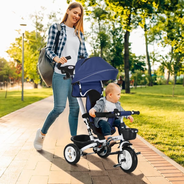 2-i-1 Trehjulet Cykel med Skubbestang - Børnecykel med Sikkerhedssele, Foldbar, Solskærm, Kopholder & Kurv - 1-5 År, Mørkeblå