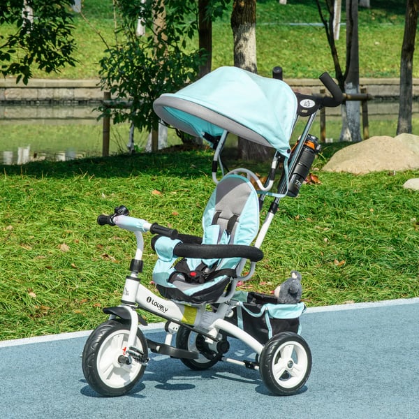 6-i-1 Trehjuling med Skubbestang, Børnetrehjuling med Solskærm, Løbecykel med Sele, Kurv, Kopholder, Grøn
