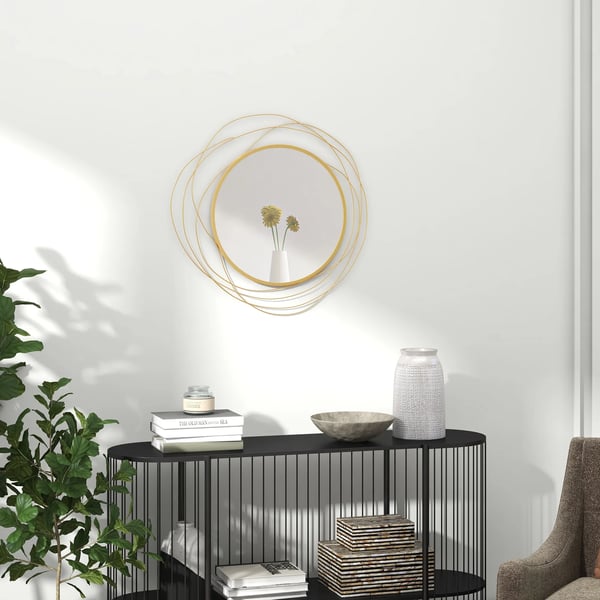 seinäpeili, Ø65 cm seinäkoriste peilillä, metallikehys, eteisen peili, seinätaideteos olohuoneeseen, makuuhuoneeseen, kultainen