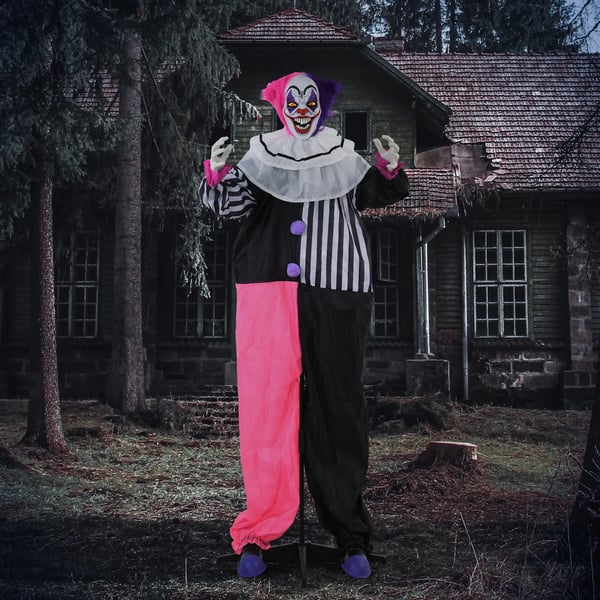 Läskig Clown Halloween-dekoration, rörlig, skrattfunktion, Rosa+Lila