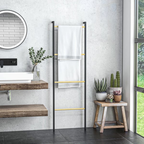 Håndklædestige 49 x 167,5 cm Håndklædeholder med 4 stænger, pladsbesparende, til badehåndklæder, tøj, tæpper, aviser, stål, sort | Aosom