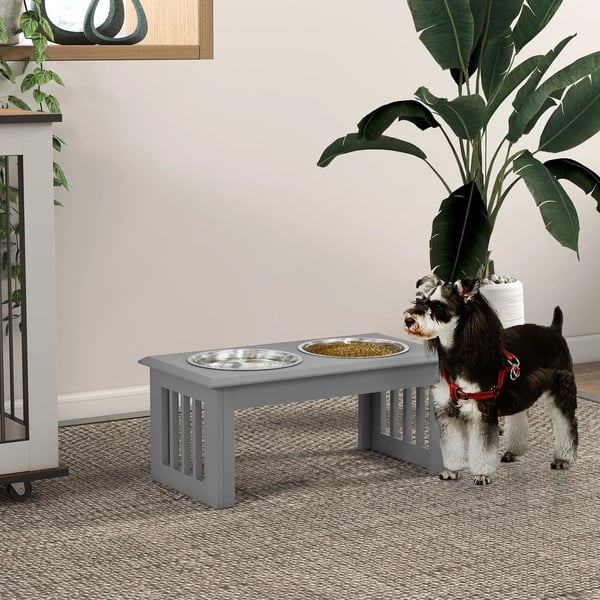 Hundmatsstation i Rostfritt Stål med 2 Skålar, Förhöjd Design, Grå, 58,4 x 30,5 x 25,4 cm