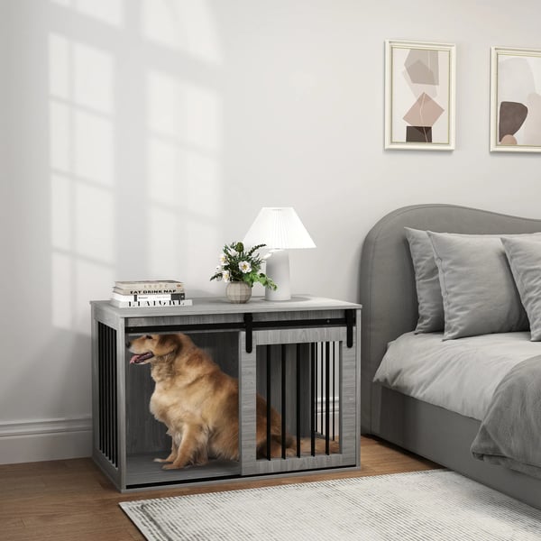 hundebur til hjemmet, aflåsning hvalpehytte med skydedør, hundeboks med indgang, hundehus til store hunde op til 30kg, grå, 98x58x61cm