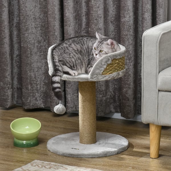 Klösträd för katter, 49 cm, med liggyta och lekboll, i grått polyester och juterep