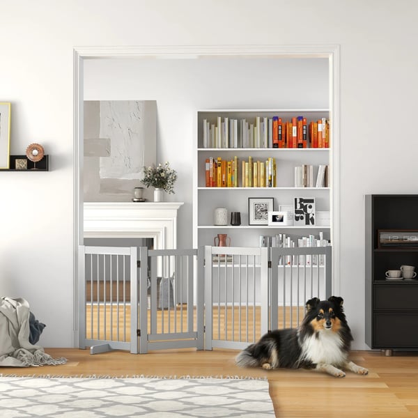 Foldbart Hundegitter i Fyrretræ, 204x75 cm - Lysegrå