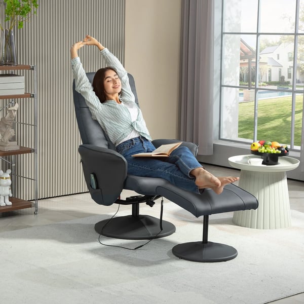 massagesofa med fodskammel i mørkegrå kunstlæder - elektrisk liggende fjernsynsstol med 10 punkter og drejefunktion
