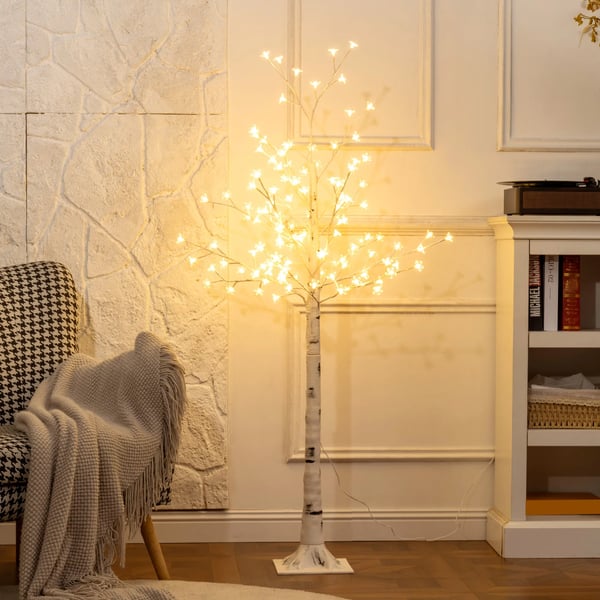 Kunstig Kirsebærblomsttræ med 120 LED'er, 3 lysstyrketrin, varm hvid, realistisk bark, 21 x 21 x 150 cm