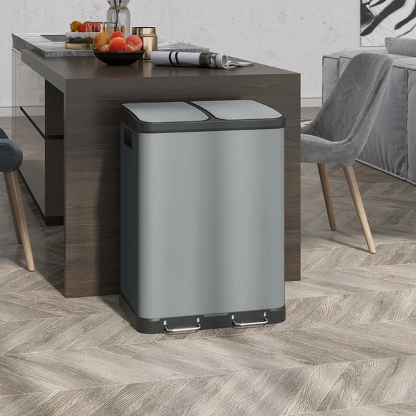 Pedalspand 2 x 30L, Dobbelt Skraldespand m. Låg & Indre Spand, Metal/Plast, Grå