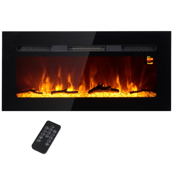 Elektrisk väggkamin | 1800W | LED-flamma i 3 färger, 5 ljusstyrkor | Fjärrkontroll & pekskärm | Svart Härdat Glas