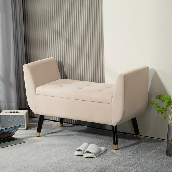 Penkki säilytystilalla - Verhoiltu, samettinen polyesteri, beige (107x42x65cm)