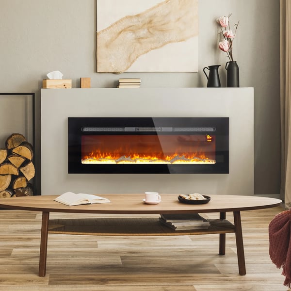 Elektrisk Kamin Svart H&auml;rdat Glas 1800W V&auml;ggmonterad med F&auml;rrkontroll