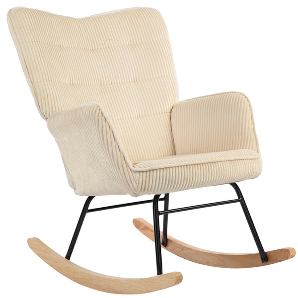 gungstol, gungfåtölj i manchester, armstöd, fåtölj med trämedar, relaxfåtölj för vardagsrum, sovrum, beige