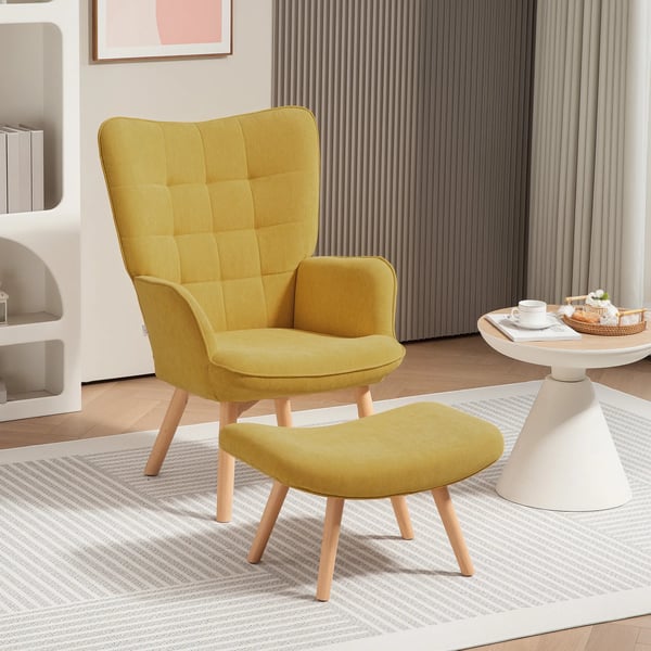 öronlappsfåtölj med fotpall, relaxfåtölj, stoppad fåtölj i manchesterlook, loungestol, armstol med träben, tv-fåtölj för vardagsrum, orange