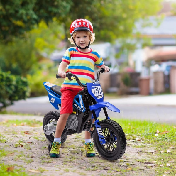 Elmotorcykel för barn, 12V, blå - med musik och stödhjul, 2,4-5 km/h, max 30kg, 3-6 år