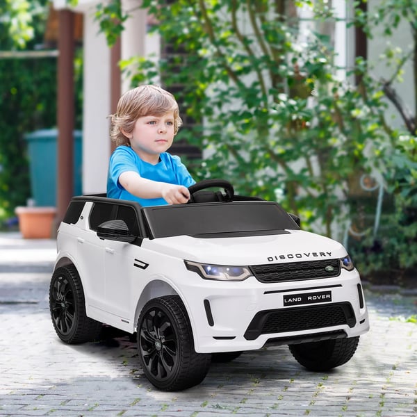 Elbil för barn - Vit 12V Land Rover med fjärrkontroll, musik & LED-lampor