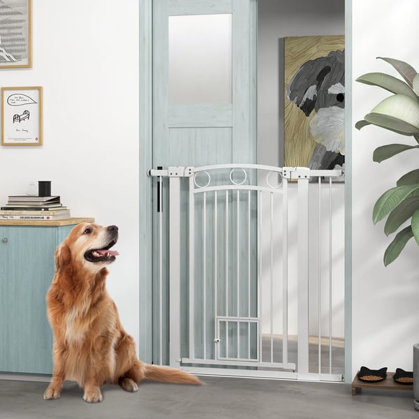 Hundport 76-104 cm Justerbar Säkerhetsgrind med Kattlucka, Vit Metall