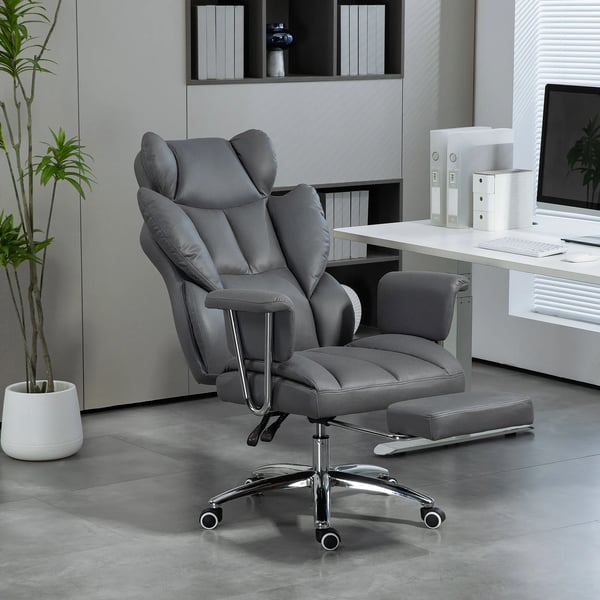 Ergonomisk kontorsstol i mörkgrå mikrofiber, justerbar med fotstöd och 135° lutning