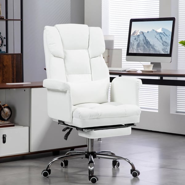 Kontorsstol Vit KonstLäder Ergonomisk Skrivbordsstol med Ländstöd & Fotstöd