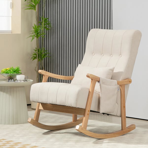 Gyngestol, Blød Polstret Gyngestol m. Lændepude, Sidelomme, Hvilestol m. Træramme, Beige Polyester