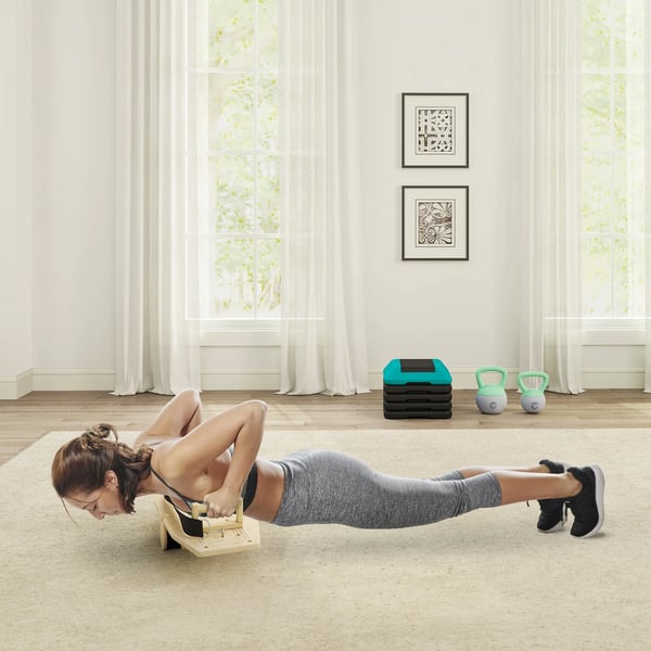 Træningshåndtag i Træ Push Up Bars med modstandsbånd, 11 øvelser, Naturtræ