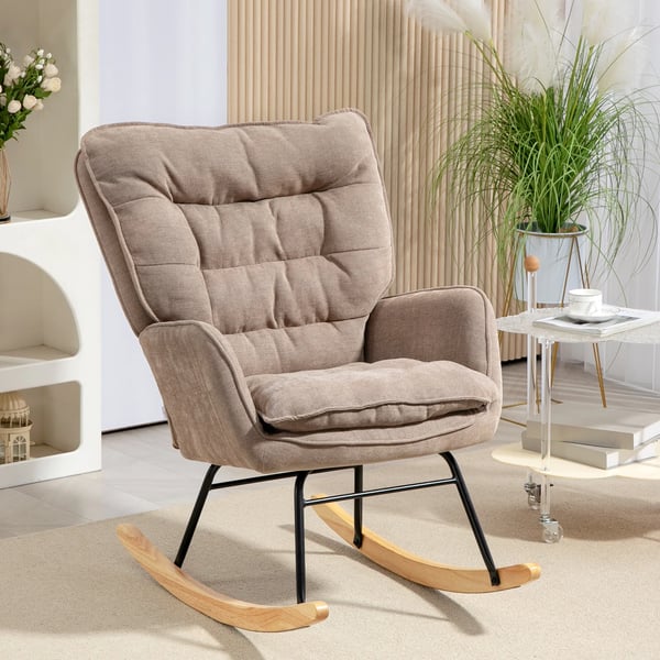 Gungstol i brunt polyester med armstöd och chenille-look, max 120 kg för vardagsrum