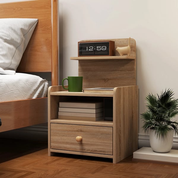 Nattduksbord i naturträ med förvaring, sidobord i spånskiva, tippskyddad och modern design
