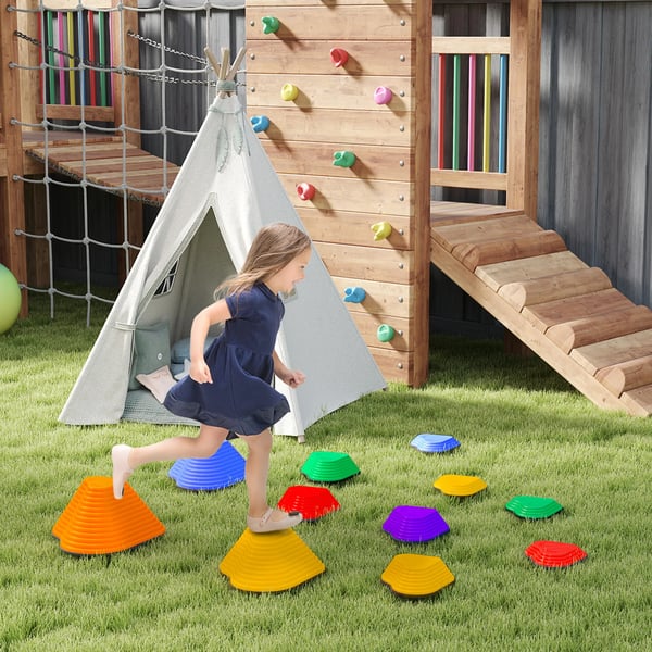 Balansstenar, 11 delar. Hjärtformade, stapelbara & halkfria. Barn 3-8 år. Flerfärgade plaststenar.