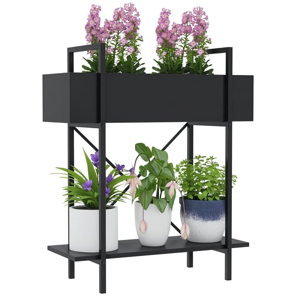 2-vånings växtställ i svart metall, blomställ för inomhus/utomhusbruk, 70 cm högt flerplans blomstertrappsteg
