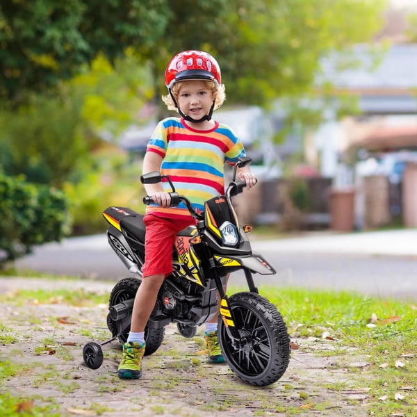 Elektrisk Børnemotorcykel 12V - Gul Plastik, Musik & Støttehjul, 6 km/t, 3-8 år