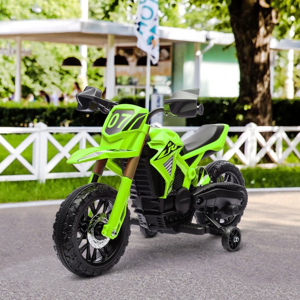 Elmotorcykel för barn, grön, 6V, med stödhjul och ljudeffekter