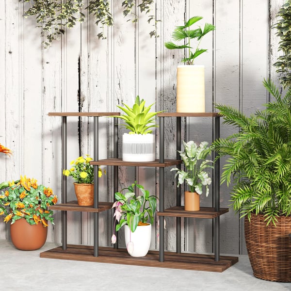 4-vånings blomsterstativ i stål och trä, 61,5 cm, för inomhus/utomhusbruk, svart/förkolnat