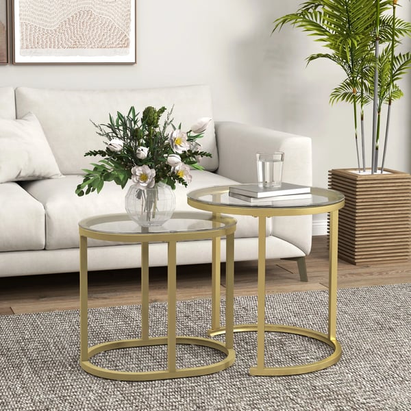 Soffbord runt set om 2 stapelbart sidobord med stålram, vardagsrumsbord soffbord för vardagsrum sovrum guld