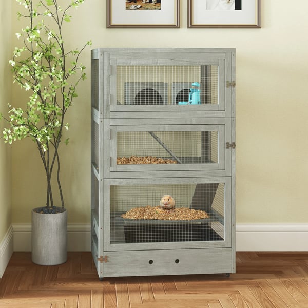 Træ Hamsterbur, 65 x 45 x 109 cm, Gnaverbur med hus, vippe, bakke, madskåle, 4-trins, med lås, ramper, hjul, grå