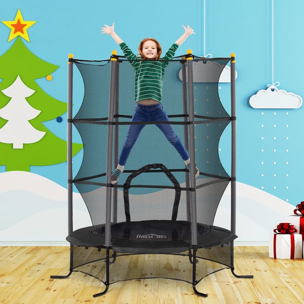 Barnstudsmatta Ø163 cm, Studsmatta med skyddsnät och kantstoppning, Trädgårdsstudsmatta för barn 3-10 år, max 50 kg, Svart, Plast