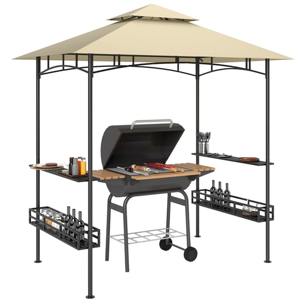 Grillpaviljong i Beige Stål, 240x150x257 cm, Vattentät och Flamskyddad med Dubbeltak och Sidohyllor