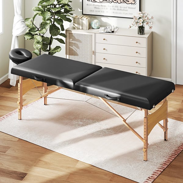 Foldbar Massagebriks m. Hovedstøtte, 2 Zoner, Højdejusterbar, 70cm Bred, Sort Kunstlæder/Træfødder, Max. 225kg